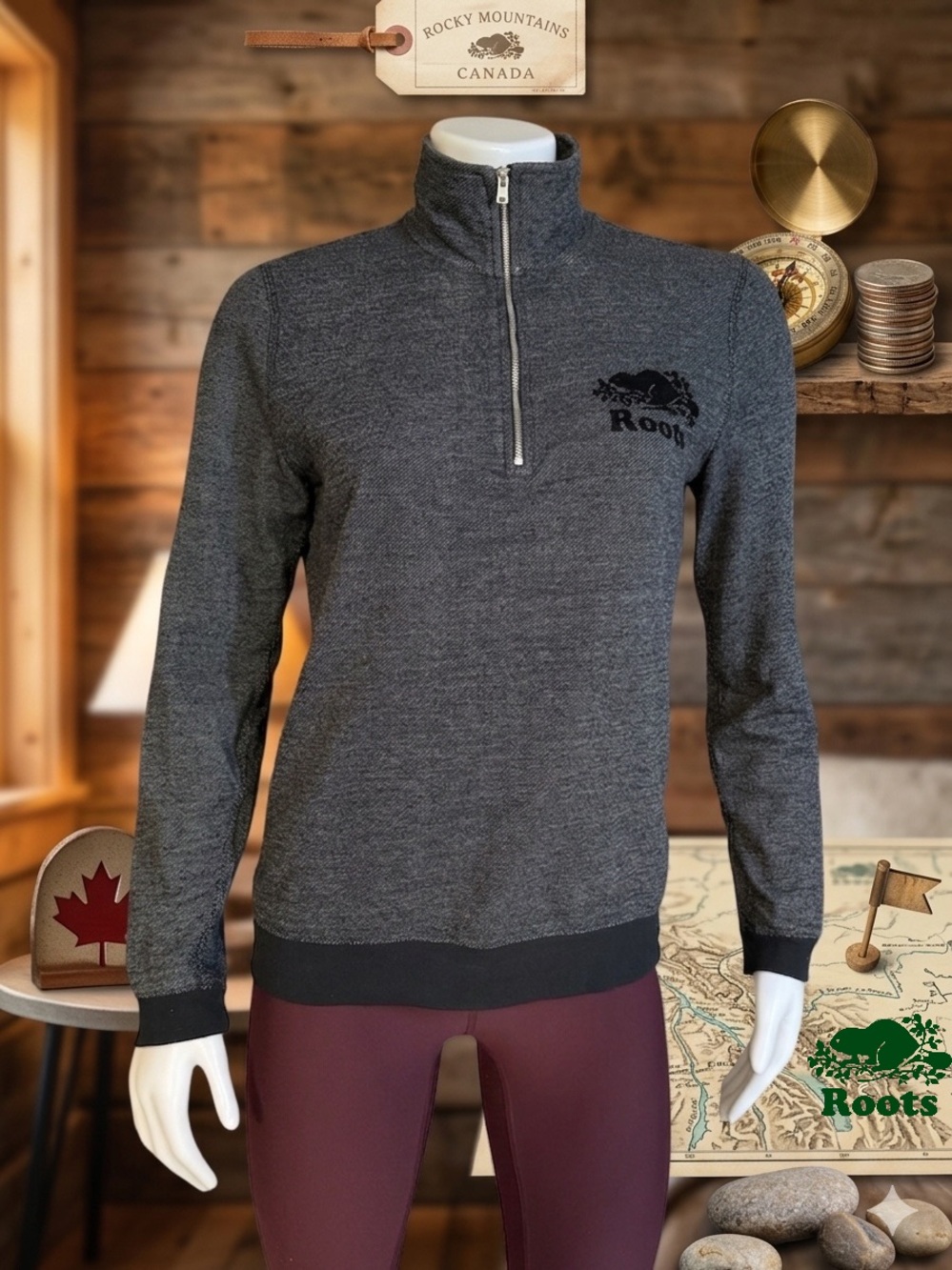 Roots Women’s Salt & Pepper Quarter-Zip Pullover Size M